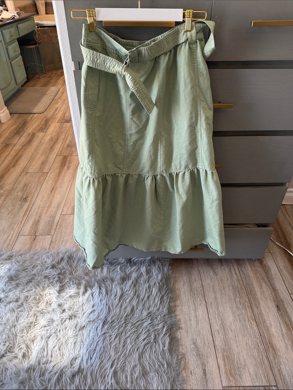 Casual Sage Tiered Midi Skirt with Tie Waist